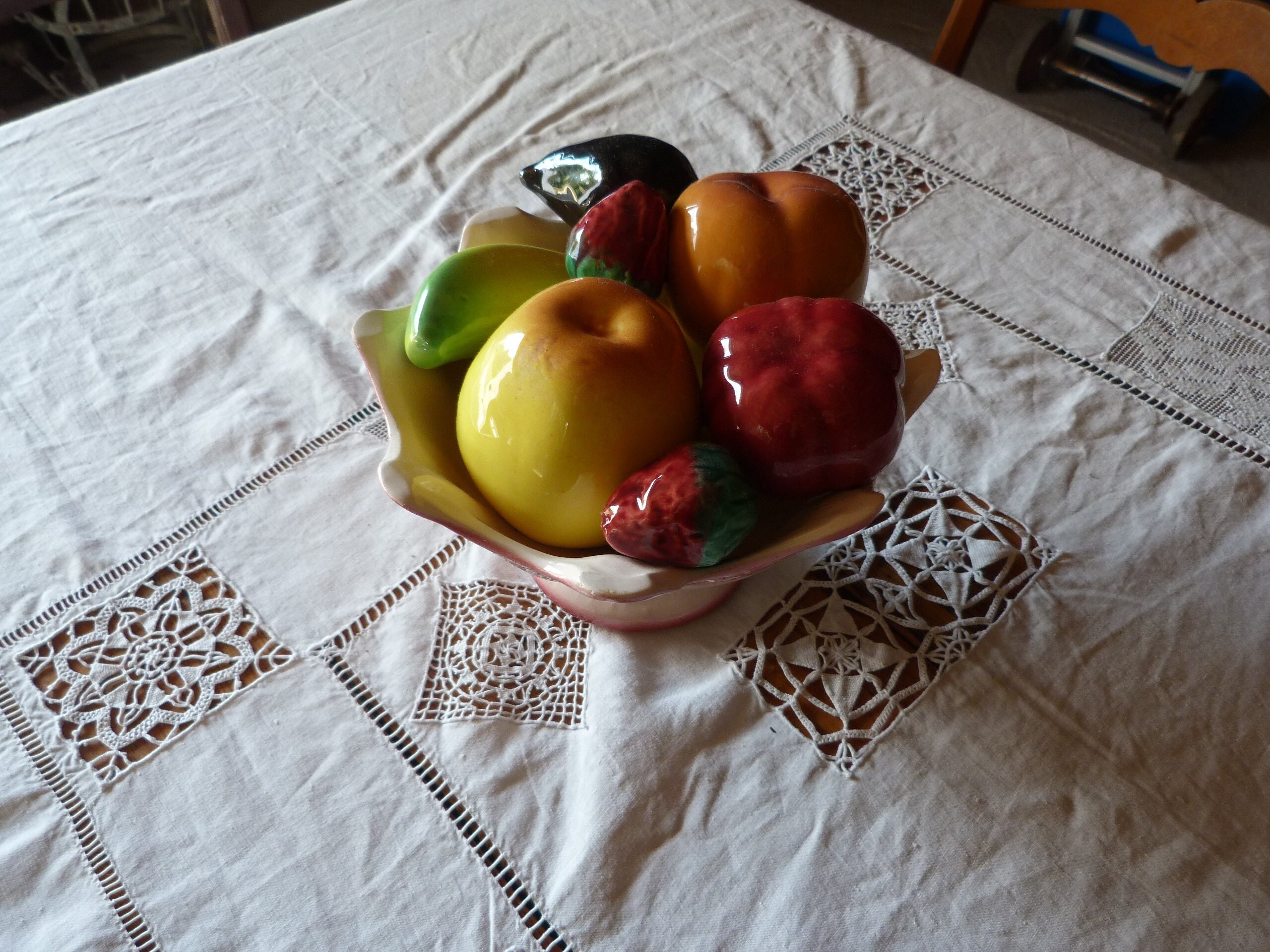 Vintage Centre de Table Céramique Italienne Fruits Décoratifs