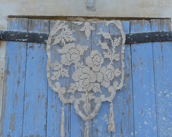 Vintage old French 1900  cream crochet cotton  panel curtain with tassels