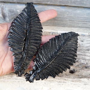 May include: Two dark gray, textured leaf-shaped decorative objects. The leaves have a detailed, ridged pattern and are held against a weathered wooden background. The leaves are approximately 6 inches long.