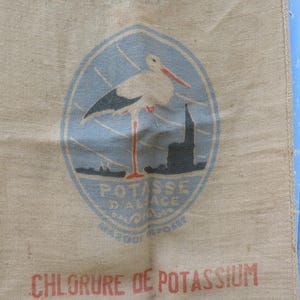 Vintage 1920/1930 francuski worek jutowy POTASSE D'ALSACE / worek na mąkę / worek na zboże / worek na paszę 46 cali x 23,6 cala