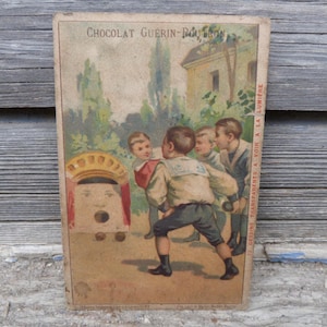 Vintage alte französische antike 1900er Jahre Chromolithograph Bild von Schokolade Guerin Boutron Jungen spielen