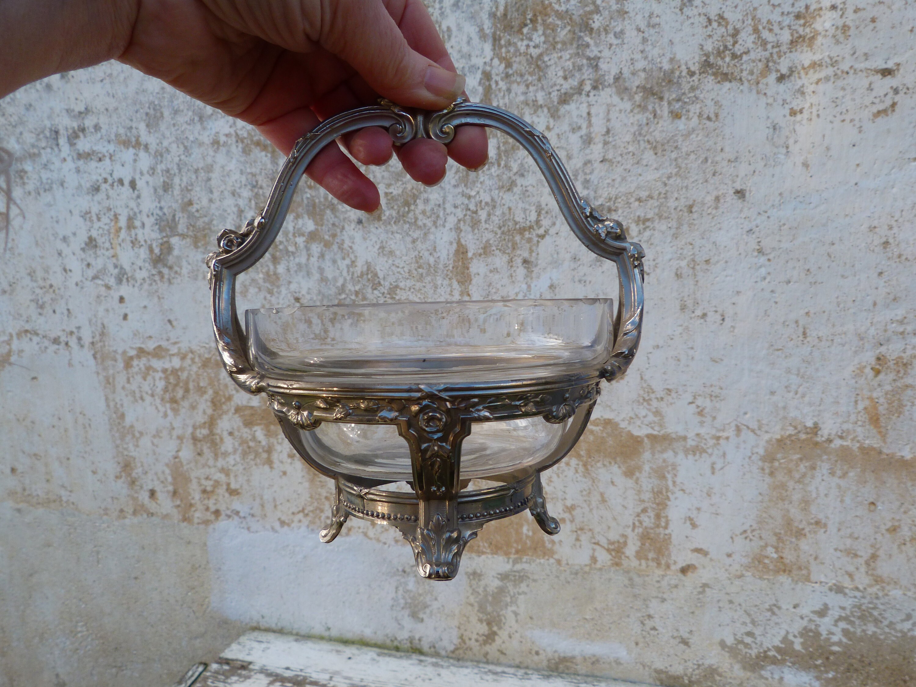 Ancien 1900 Confiturier ou Sucrier en Regule et Verre