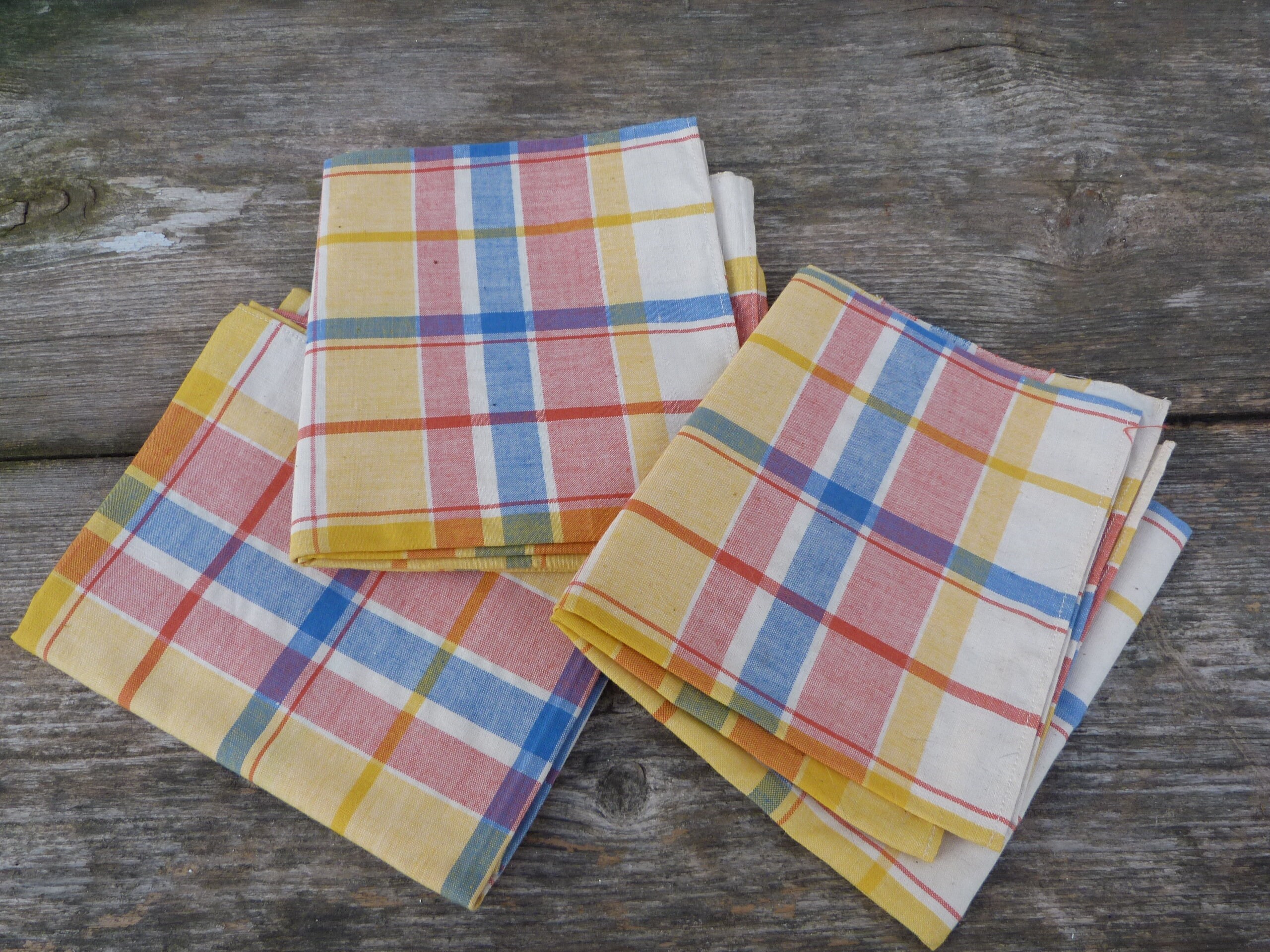 Lot de 3 Torchons Anciens Métis à Carreaux Neufs