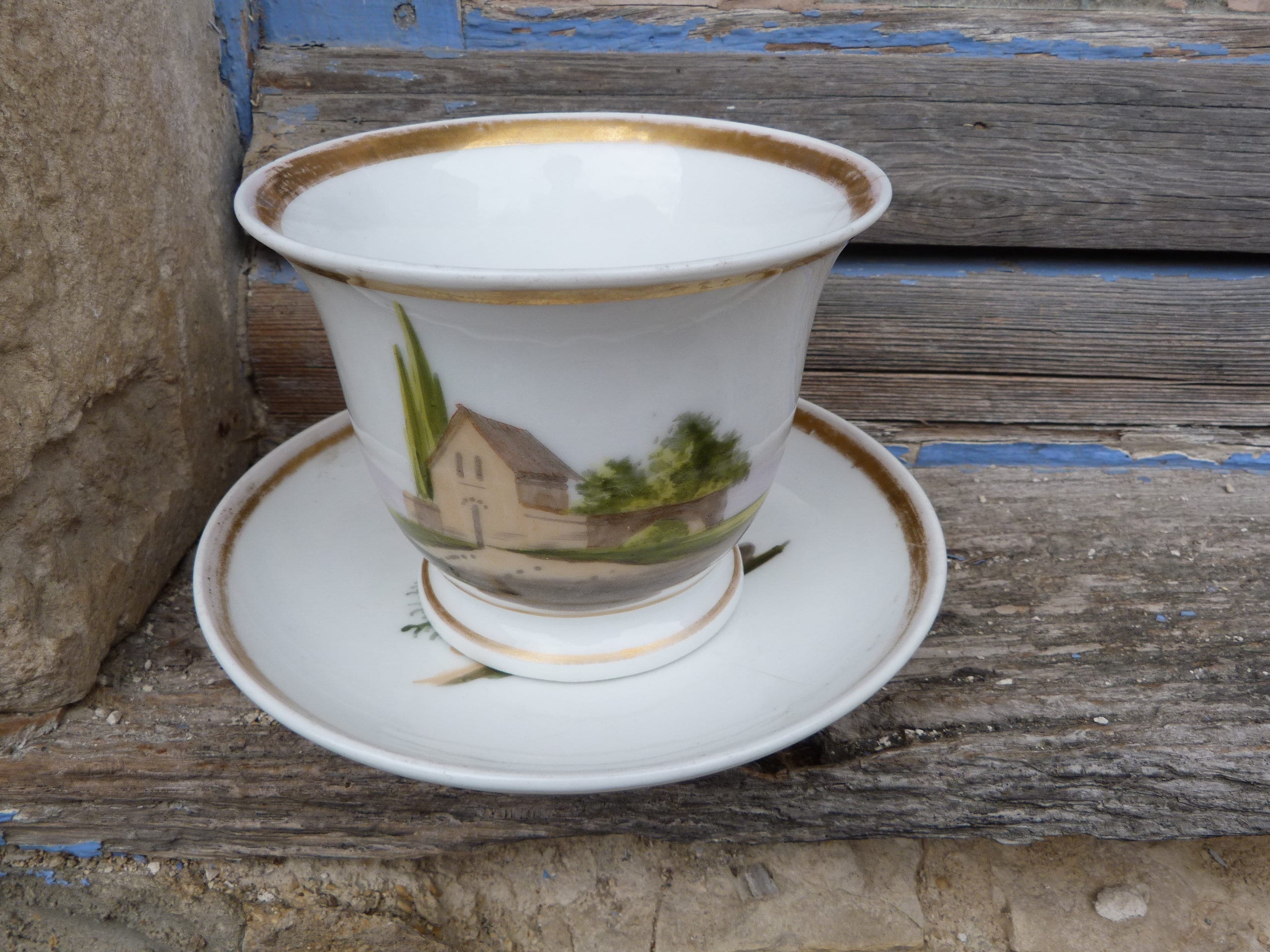 Tasse à Chocolat et Soucoupe en Porcelaine Vieux Paris Décor Paysage