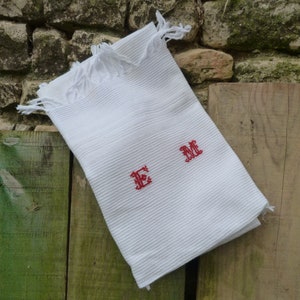Vintage 1920 old French  white & red  bath towels monogram embroidered EM