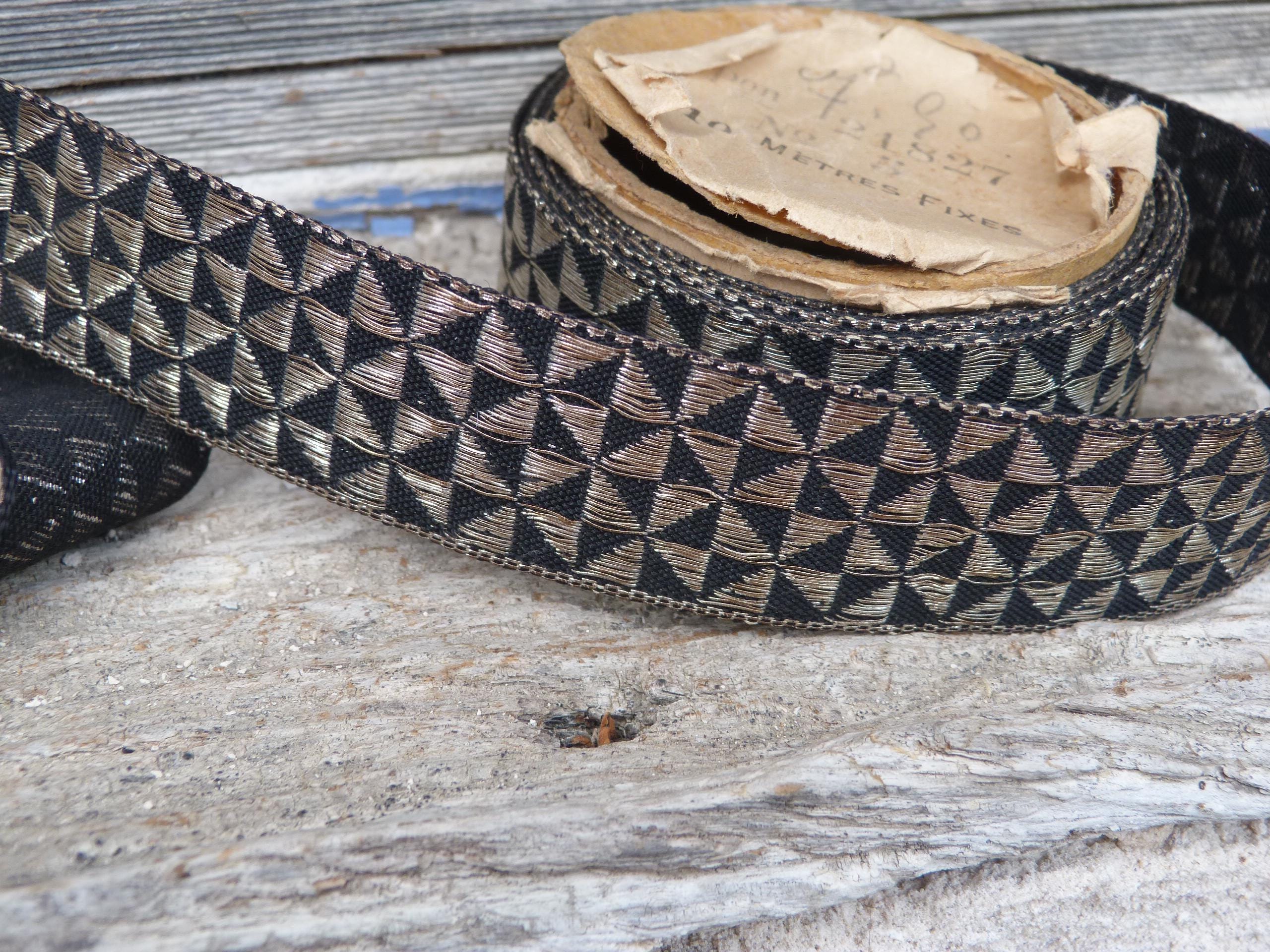 ヴィンテージアンティーク古いフランスのジャカードリボン黒と銀