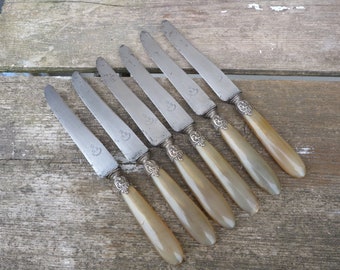 Vintage alte Waldhorn Griffe & Silber Manschetten Essmesser gestempelt Boulenger 6er Set