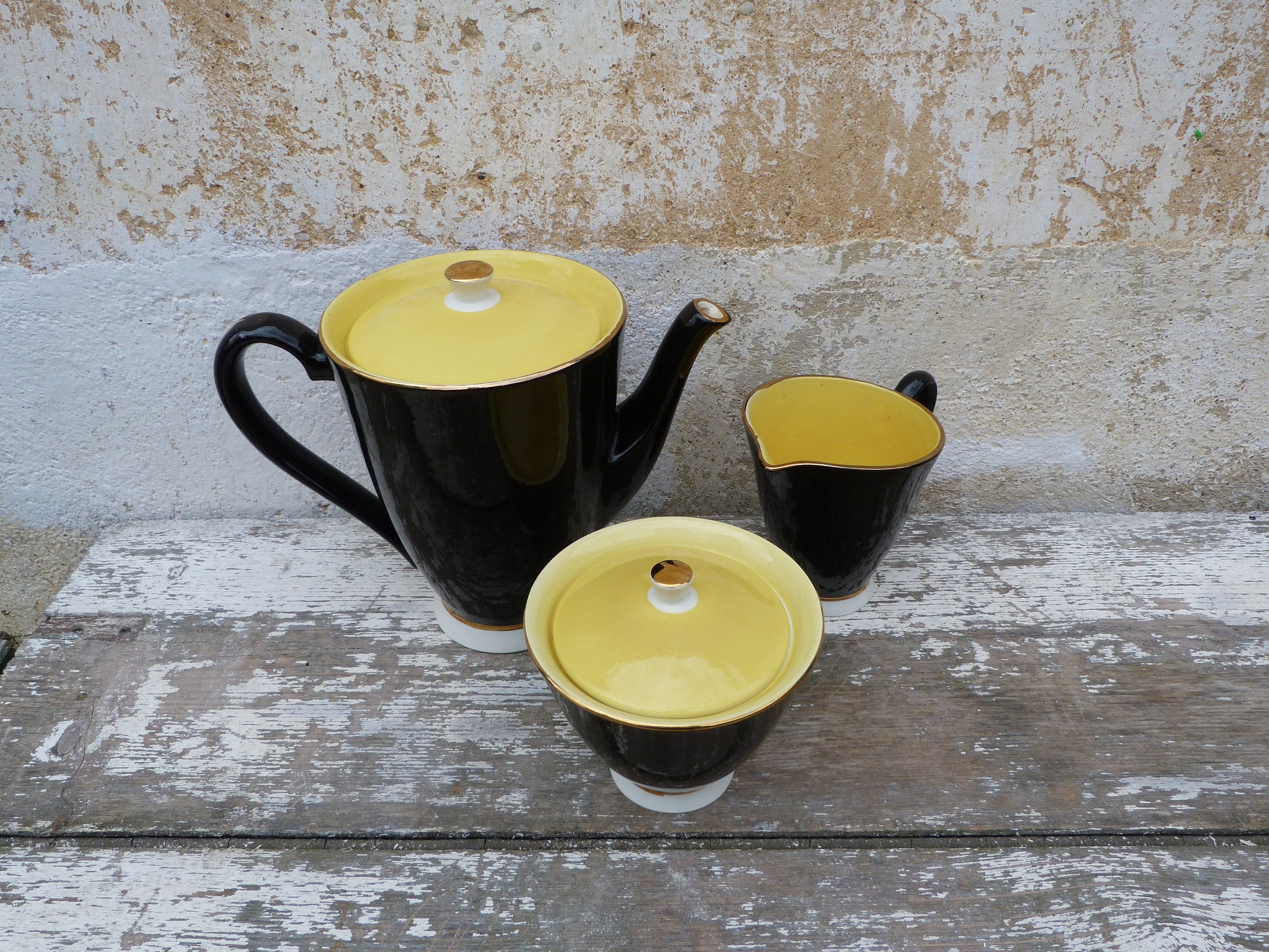 Vintage 1950 Service Café en Céramique Digoin Cafetière , Pot à Lait , Pot Sucre