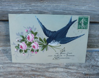 Vintage 1900s celluloïd  hand painted  postcard   SWALLOW  stamped on the card written at the back