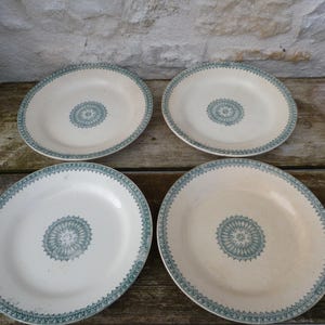 Vintage French Transferware  green ceramica Floral pattern set of 4   plates French farmhouse Country Ironstone Cottage serving