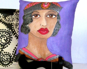 ALICE Art Deco PILLOW, hand painted pillow, art deco hat, roaring twenties, Paris woman, NYC woman, rhinestones, gift for her, purple bkgd