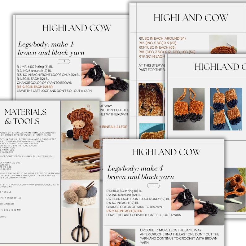 May include: Instructions for crocheting a Highland Cow amigurumi toy. The pattern includes materials, tools, and step-by-step instructions for making the legs and body using brown and black yarn.