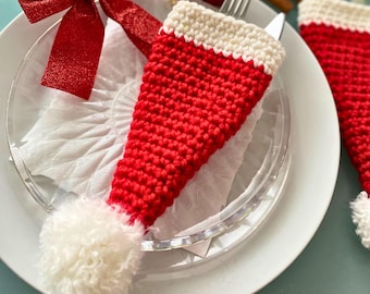 Modèle au crochet de porte-couverts de Noël, modèle au crochet de porte-couverts de Noël, décoration de Noël pour table, idées cadeaux de Noël