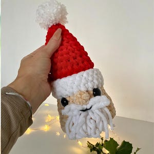 Puede incluir: Un adorno de Papá Noel de crochet con un gorro blanco con pompón, un gorro rojo, una barba blanca y ojos negros.