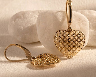 14K Gold Caged Heart Dangle Earrings - Handmade