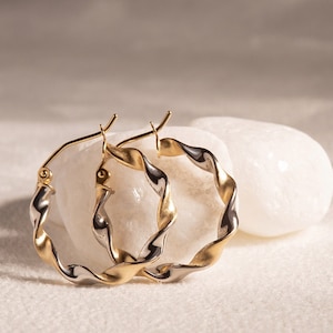 14K Gold - Hoop Earrings Two-Tone Twisted Detail - Statement Earrings - Perfect Gift For Her - Handmade