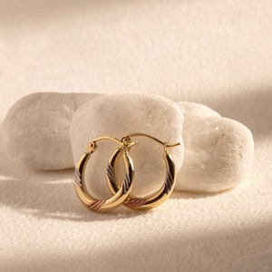 14K Gold -  Tri-Tone Color Diamond Cut Small Hoop Earrings - Statement Earrings Perfect Gift For Her - Handmade