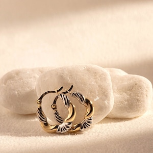 14K Gold - Hoop Earrings Two-Tone Ribbed Detail - Statement Earrings - Perfect Gift For Her - Handmade