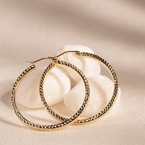 14K Gold -  Hoop Classic Textured Cut Earrings - Statement Earrings - Perfect Gift For Her -Handmade