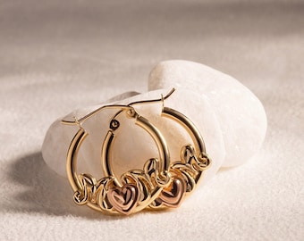 14K Gold Hoop Earrings - Two-Tone Heart Mom Jewelry