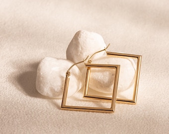 14K Gold Square Hoop Earrings - Handmade Statement Jewelry