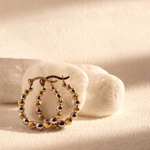 14K Gold - Beaded Hoop Earrings Two-Tone - Statement Earrings - Perfect Gift For Her - Handmade