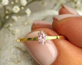 14K Gold Birthstone Ring: Marquee Cubic Zirconia, Handmade