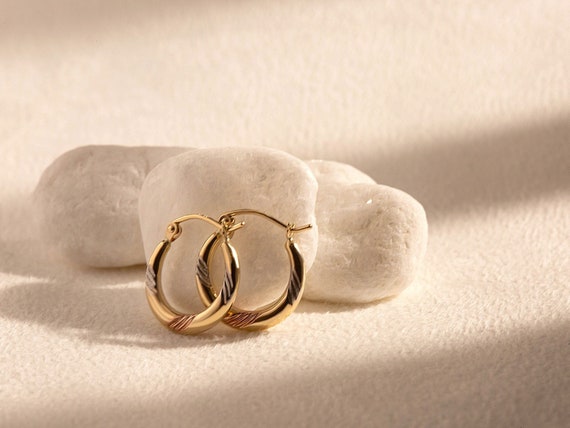14K Gold Tri-tone Hoop Earrings: Diamond Cut, Handmade