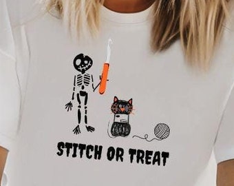Halloween Crochet T-shirt | Funny Crochet Shirt | Gift for Crocheter | Crochet Lover Tee | Hobby Shirt | Skeleton Crochet Tshirt | Black Cat
