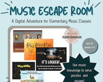 Digital Music Escape Room Elementary Music Classroom Activity, Music Puzzles Digital Download with Printable Worksheets, Low Prep Lesson