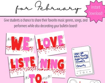 Quadro de avisos de fevereiro para sala de música | Download digital instantâneo de decoração musical geral para ensino fundamental | Quadro de avisos de música para o Dia dos Namorados