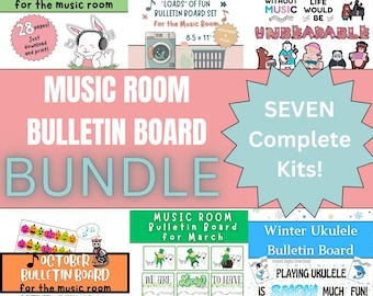 Pacote de quadro de avisos para sala de música | Decoração de sala de música do ensino fundamental | Quadro de avisos para ukulele | Quadro do mês da música em nossas escolas, Dia de São Patrício