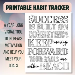 Op de afbeelding: Een printbare gewoontetracker met een jaarlijkse kalender. De kalender is ontworpen om je te helpen consistentie op te bouwen en vooruit te gaan. De tekst op de kalender luidt "Succes is gebaseerd op consistentie, blijf bewegen, je doelen zijn binnen handbereik."