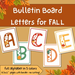 Fall Bulletin Board Letters | Elementary Classroom Printable Letters Cute Fall Theme | Leaves Pumpkin Acorn Alphabet in 5 Fall Colors