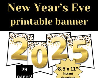 Banner imprimible de Feliz Año Nuevo / Letreros de Nochevieja en negro y dorado / Decoración para fiesta de Nochevieja / Tablón de anuncios de Feliz Año Nuevo
