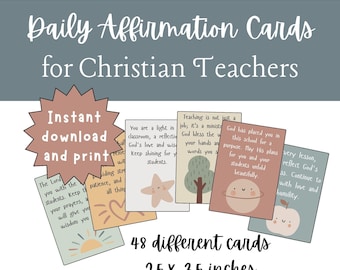 Christian Affirmation Cards for Teachers | Positive Affirmations Teacher Gift | Printable Self Care Card Deck | Daily Motivation Cards