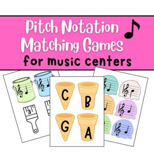 May include: Three sets of matching cards for a music center activity. The first set features paint cans with musical notes, the second set features ice cream cones with the letters C, B, G, and A, and the third set features ice cream cones with musical notes.
