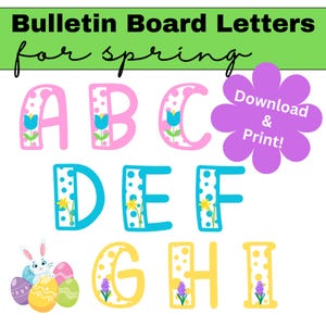 Letras para tablón de anuncios con flores de primavera para el aula / Letras en colores pastel imprimibles para tablón de anuncios de Pascua / Decoración digital para el aula