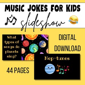 Op de afbeelding: Een digitale download van 44 pagina's met muziekgrappen voor kinderen. De omslag toont een kleurrijke illustratie van planeten en sterren met de tekst "Welke soorten liedjes zingen planeten?" en het antwoord "Nep-tunes".