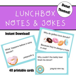May include: A set of 40 printable cards with donut-themed jokes and puns. The cards are blue and white with a donut graphic on each card. The text on the cards includes jokes like "Why do golfers love donuts? Because they're always a hole in one!" and "What happens before it rains donuts? It sprinkles!"