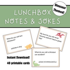 Blagues et notes sur la boîte à lunch pour enfants en téléchargement numérique Imprimable, imprimable sur le thème des dinosaures Notes et blagues sur la boîte à lunch pour l'âge de l'école primaire