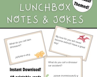 Piadas e notas sobre lancheira para crianças Download digital para impressão, notas e piadas sobre lancheira com tema de dinossauro para impressão para idade do ensino fundamental