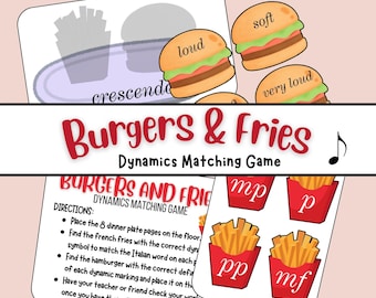 Jogo de correspondência de dinâmica de hambúrguer e batata frita para centros de música geral | Jogo de preparação baixa para impressão para dinâmica de aprendizagem da sala de música do ensino fundamental