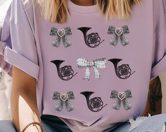 Tshirt for French Horn Player | Cute Tee for Band Geek | Marching Band Shirt for Horn Player with Coquette Bows | Shirt for Band Director