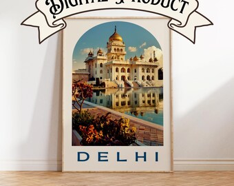 Retro-Delhi Poster, Gurudwara Shri Bangla Sahib, Connaught place Denim, Retro Wandkunst, digitale Kunst, unikat, handgemachte Wandkunst