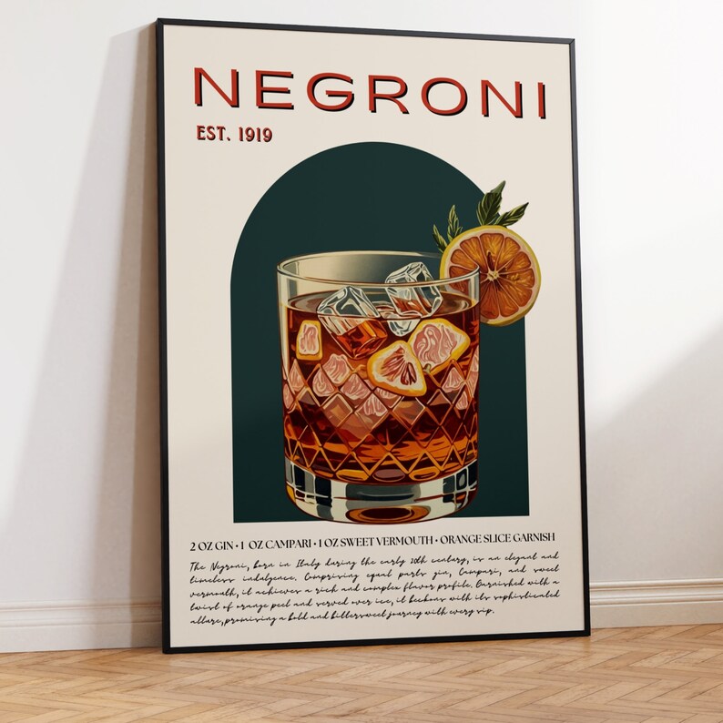Bold retro vintage poster; a classic Negroni cocktail in a glass with ice and an orange slice, the style is retro. The poster details the drinks history, recipe and ingredients; leaning against a wall with soft, natural light highlighting the poster.
