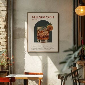 Cozy café-style setup with a retro vintage poster; a classic Negroni cocktail in a glass with ice and an orange slice, the style is retro. The poster details the drinks history, recipe and ingredients; industrial wall accents and warm atmosphere.