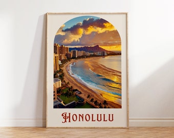 Honolulu print, Honolulu Hawaii poster, Hawaii Bar decor, Hawaii travel poster, Hawaii travel print, Hawaii gift ideas, hawaii landscape