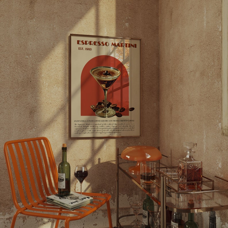 May include: A vintage-style poster with a red background and a white border. The poster features a glass of espresso martini with coffee beans and the text "Espresso Martini Est. 1983".