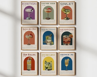 Benutzerdefiniertes Set mit 9 druckbaren Cocktail-Wandkunst, benutzerdefinierten Retro-Cocktail-Drucken, klassischer Cocktail-Wandkunst, Barwagen-Zubehör, Barwagen-Kunst
